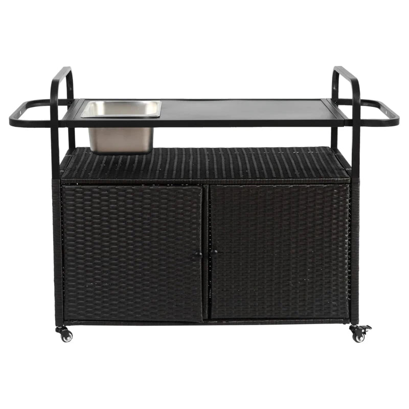Outdoor Wicker Bar Cart with Glass