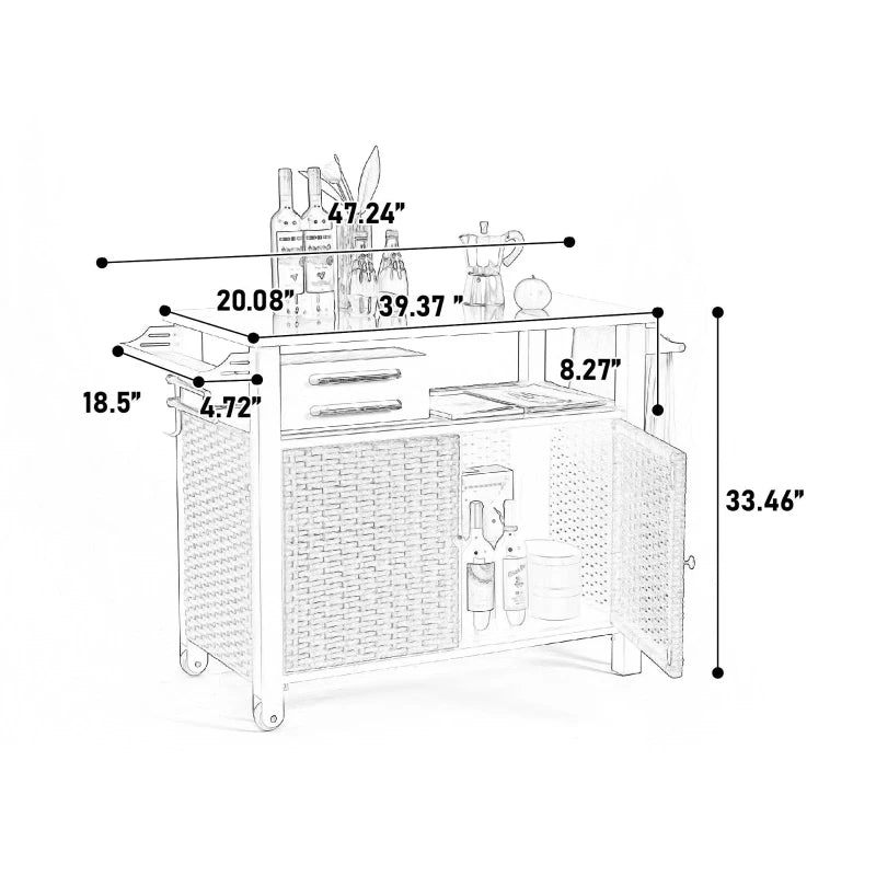 Outdoor Kitchen Wicker Island Rolling Cart