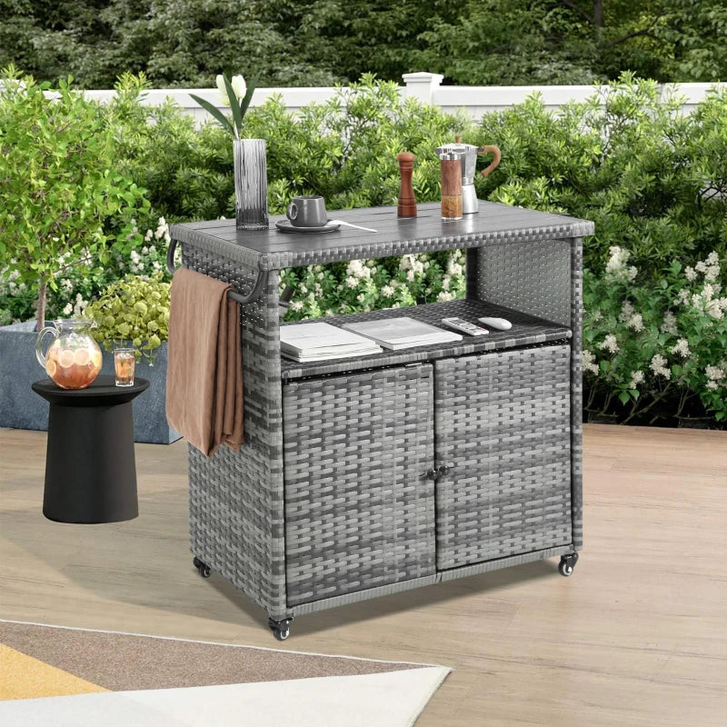 Aqua-Gray Outdoor Wicker Bar Cart