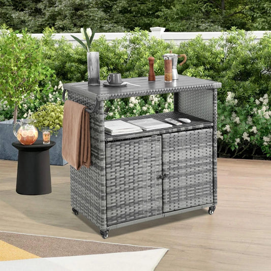 Aqua-Gray Outdoor Wicker Bar Cart