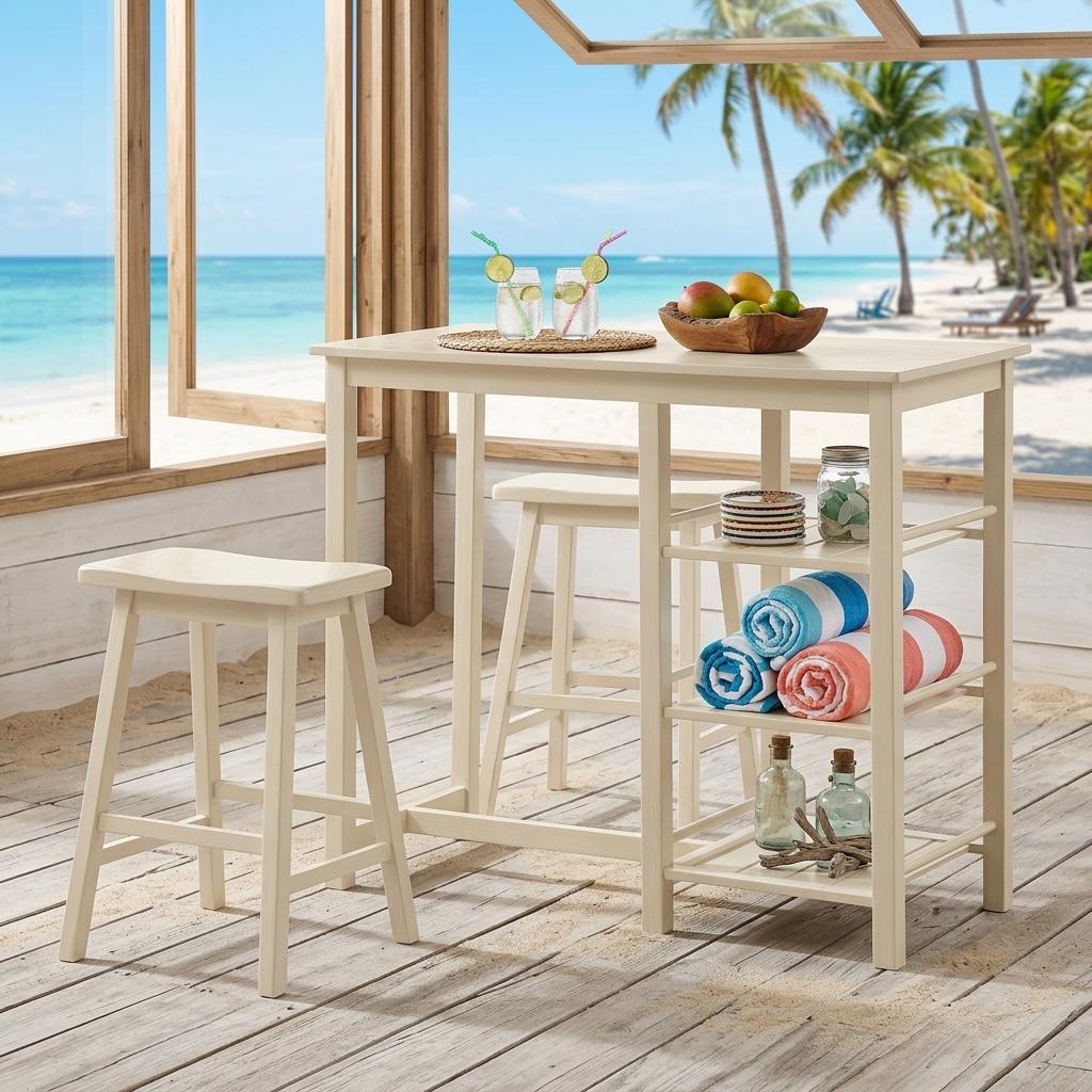 Homeroots 43" Three Piece Cream Solid Wood Rectangular Bar Table