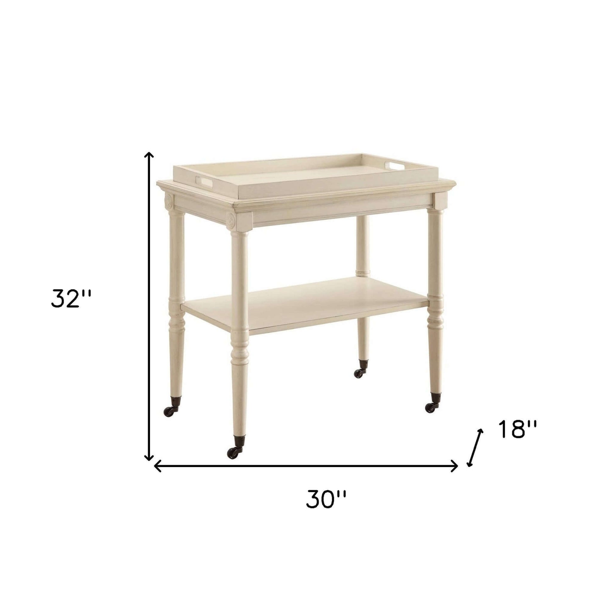 30" Antiqued White Wood Rolling Bar Cart with Storage Shelves