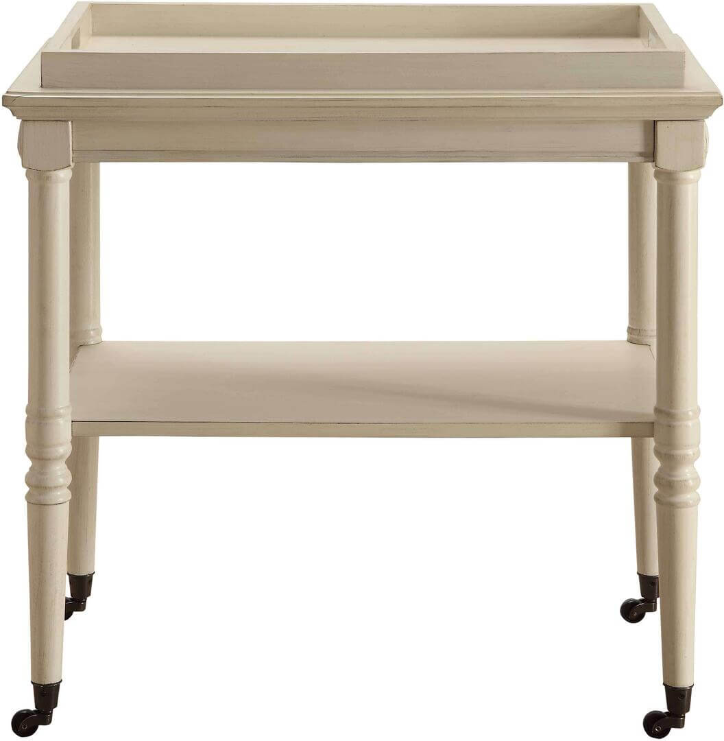 30" Antiqued White Wood Rolling Bar Cart with Storage Shelves
