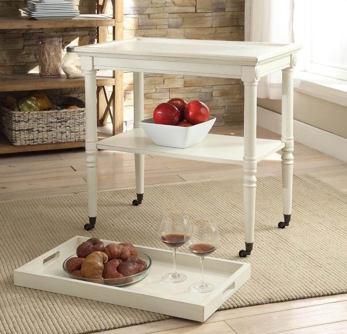 30" Antiqued White Wood Rolling Bar Cart with Storage Shelves