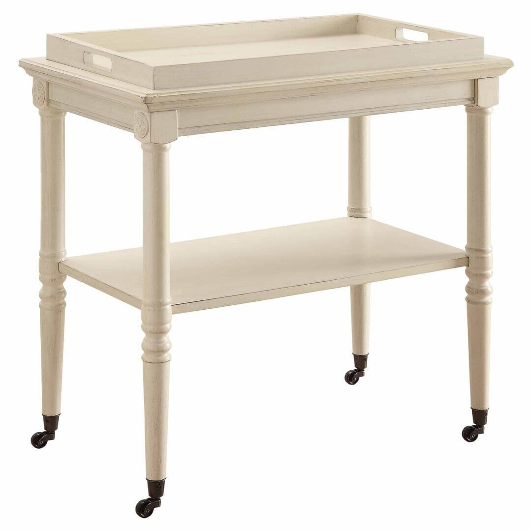 30" Antiqued White Wood Rolling Bar Cart with Storage Shelves