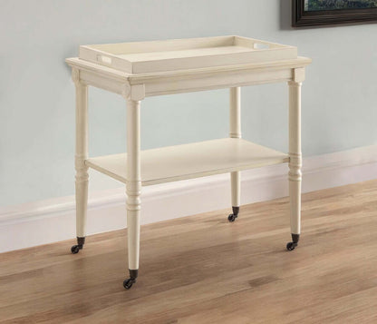 30" Antiqued White Wood Rolling Bar Cart with Storage Shelves