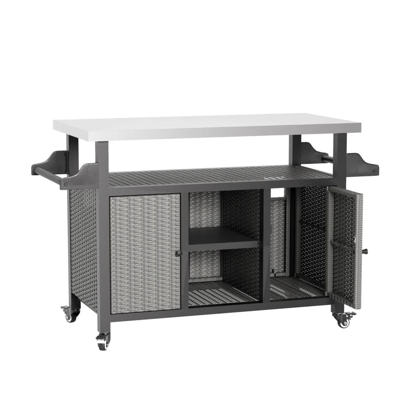 Outdoor Wicker Rolling Cart with Storage Cabinet