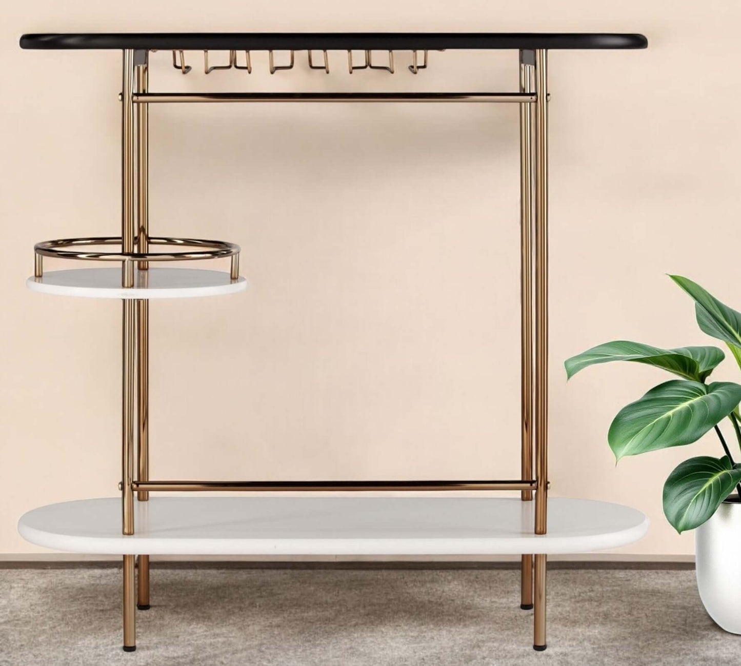 Gold Black and White Metal Oval Bar Cart With Wine Storage