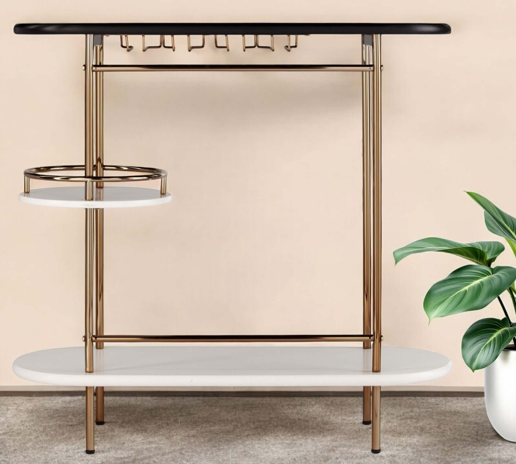 Gold Black and White Metal Oval Bar Cart With Wine Storage