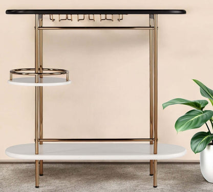 Gold Black and White Metal Oval Bar Cart With Wine Storage