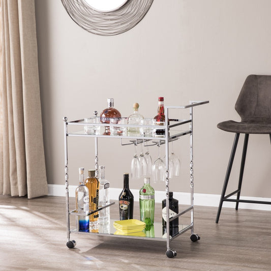 Silver Metal and Mirrored Glass Rolling Bar Cart With Wine Storage