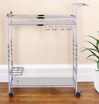 Silver Metal and Mirrored Glass Rolling Bar Cart With Wine Storage