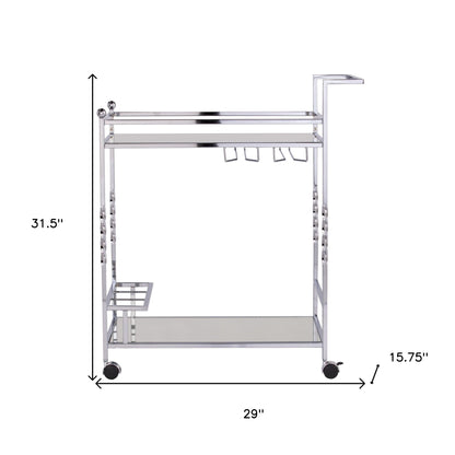 Silver Metal and Mirrored Glass Rolling Bar Cart With Wine Storage