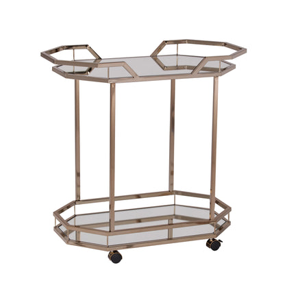 31" Champagne Iron and Mirrored Glass Octagonal Rolling Bar Cart