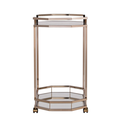31" Champagne Iron and Mirrored Glass Octagonal Rolling Bar Cart
