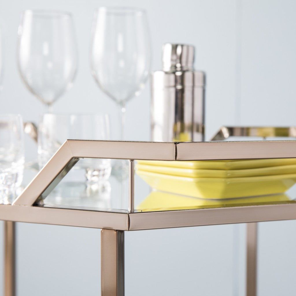 31" Champagne Iron and Mirrored Glass Octagonal Rolling Bar Cart