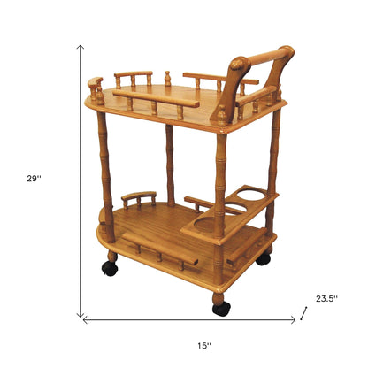 Oak Wood Rolling Bar Cart With Wine Storage
