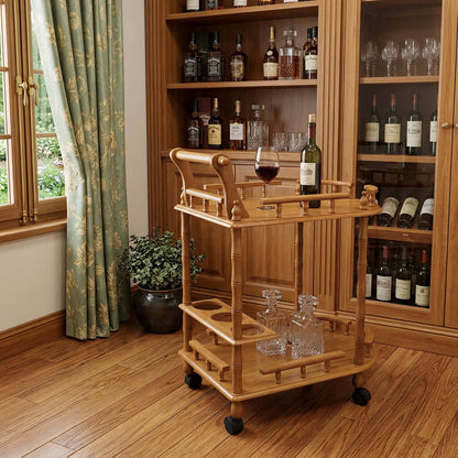 Oak Wood Rolling Bar Cart With Wine Storage