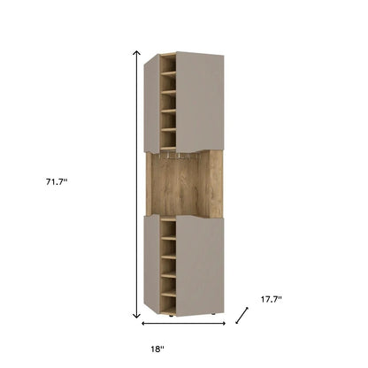 72" Brown and Taupe Wood Corner Bar Cabinet With Four Doors