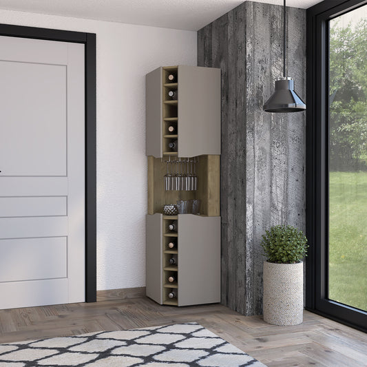 72" Brown and Taupe Wood Corner Bar Cabinet With Four Doors