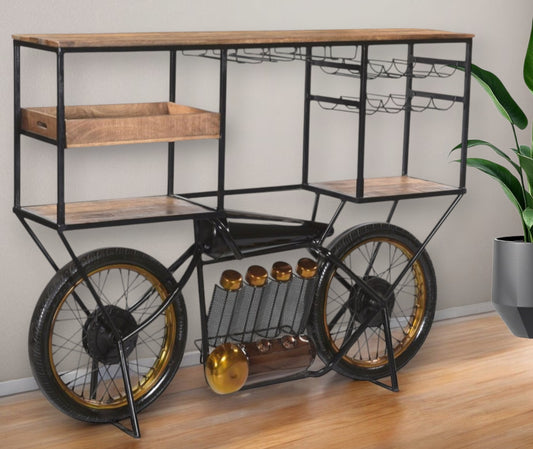 Metal And Solid Wood Bar Cart With Wine Storage