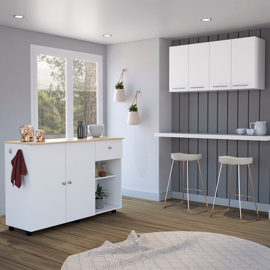 54" Oak and White Wood Rolling Kitchen Island Set With Storage