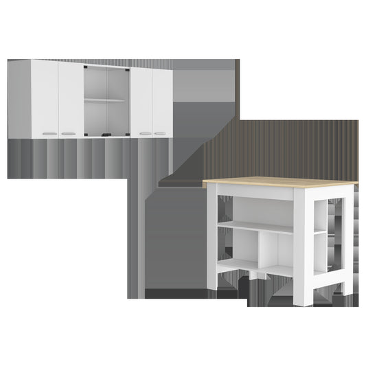 White And Natural 41" Kitchen Island Set With Storage