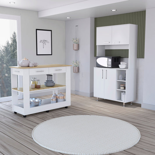 46" Oak and White Wood Kitchen Island Set With Storage