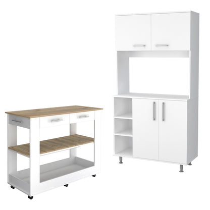 46" Oak and White Wood Kitchen Island Set With Storage