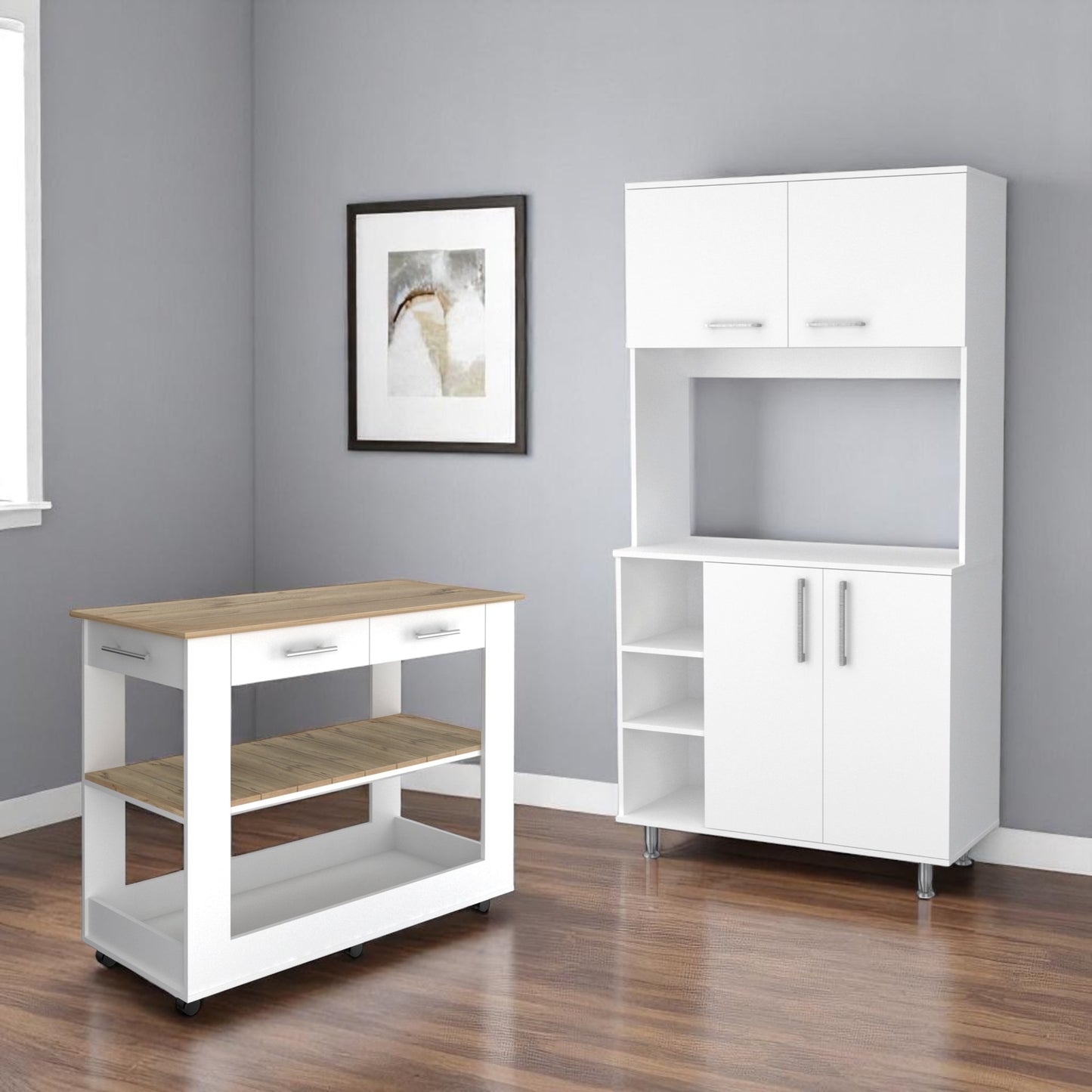 46" Oak and White Wood Kitchen Island Set With Storage
