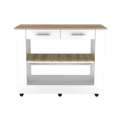 46" Oak and White Wood Kitchen Island Set With Storage