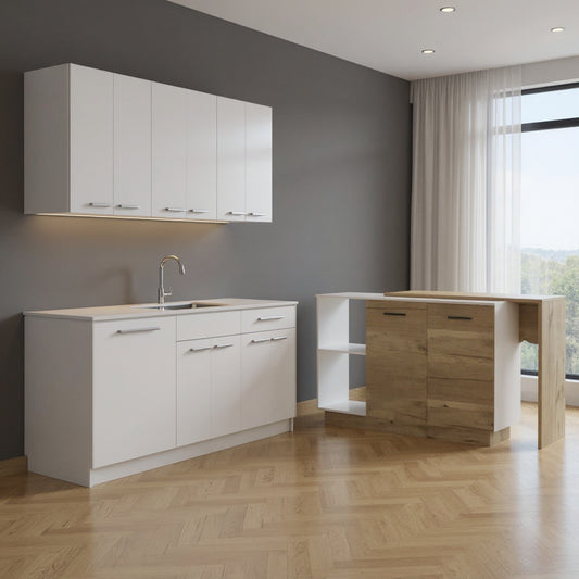 59" Natural White and Brown Wood Kitchen Island Set