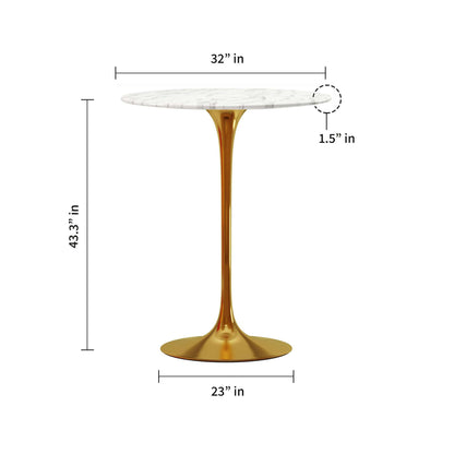 32" White and Gold Marble Top Bar Table with Metal Base