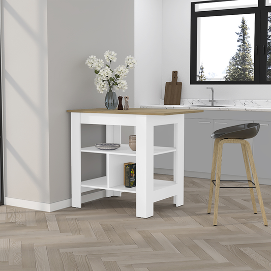 35" Natural and White Wood Kitchen Island With Storage