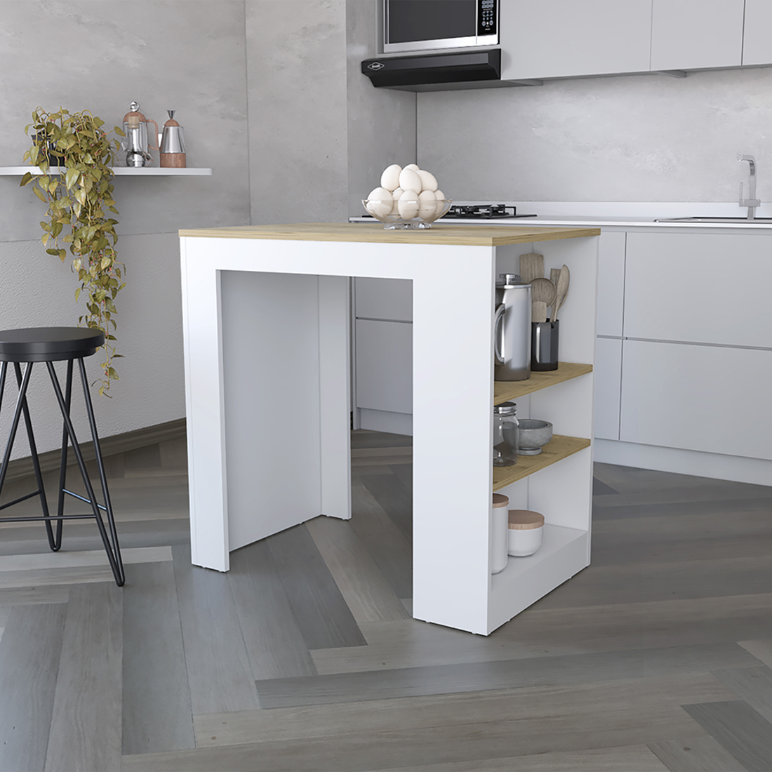 36" Gray and Black Faux Marble and Wood Kitchen Island With Storage