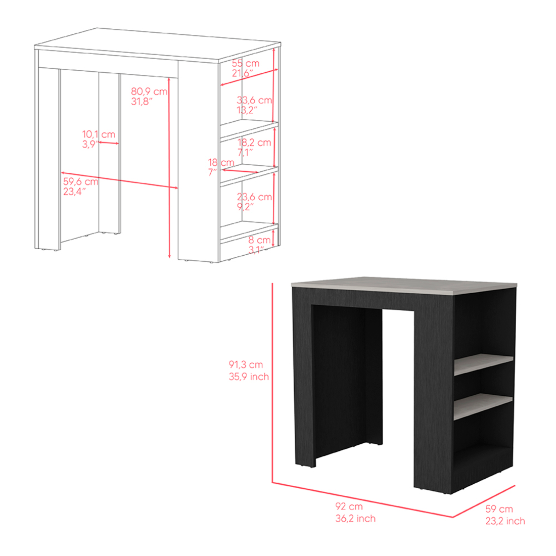 36" Gray and Black Faux Marble and Wood Kitchen Island With Storage