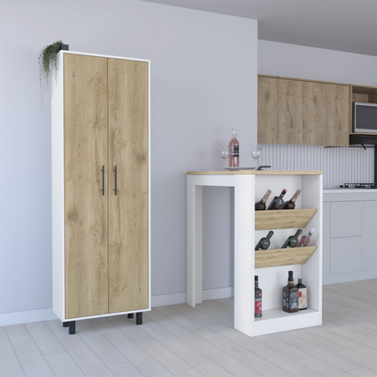 Two  Sets of White Oak Wood Kitchen Island And Pantry Cabinet