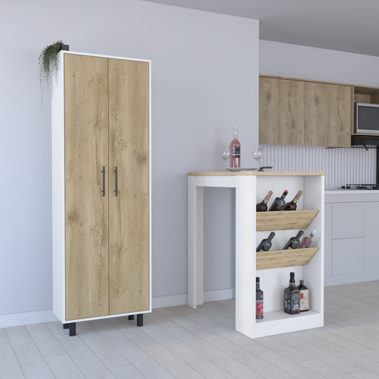 Two  Sets of White Oak Wood Kitchen Island And Pantry Cabinet