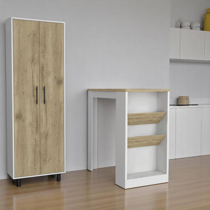 Two  Sets of White Oak Wood Kitchen Island And Pantry Cabinet