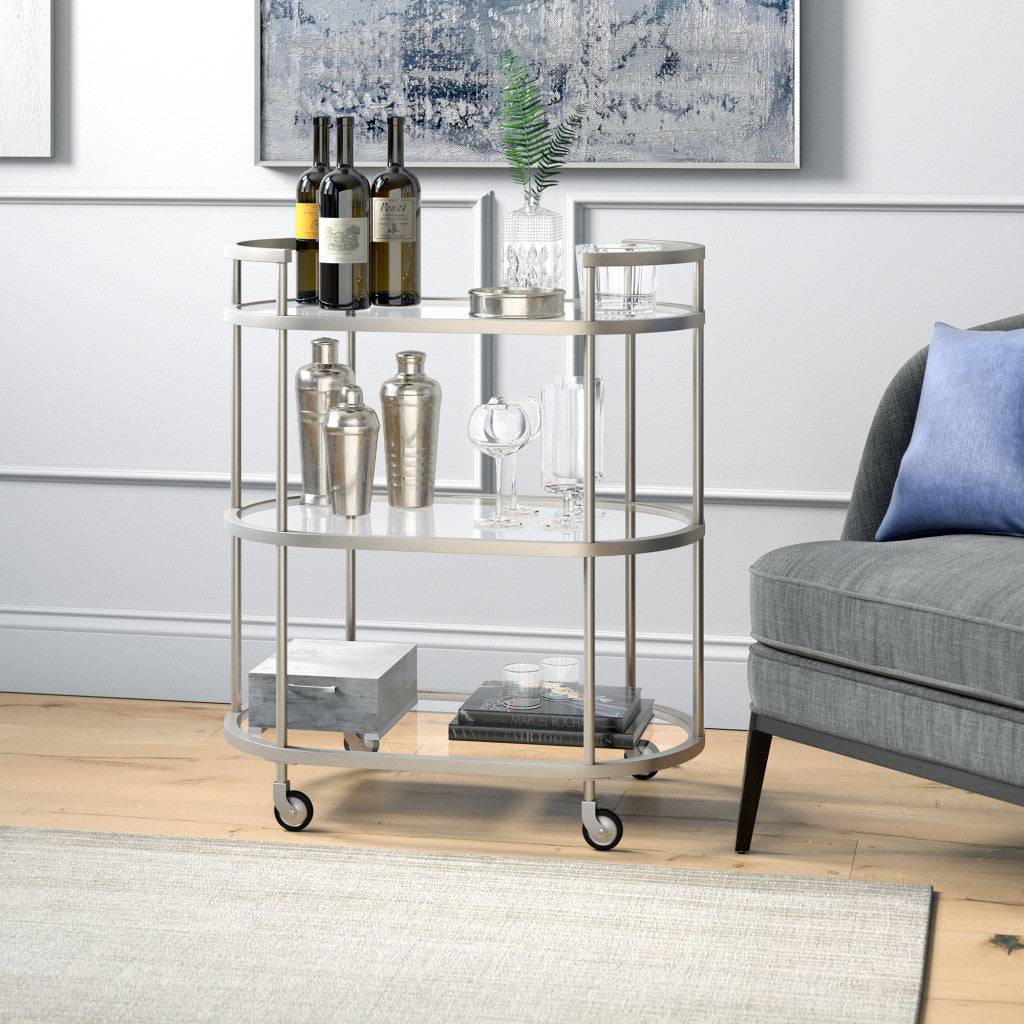 Black and Silver Steel Oval Rolling Bar Cart