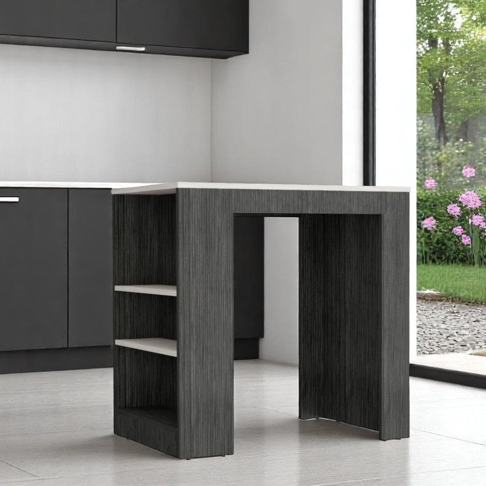 36" Gray and Black Faux Marble and Wood Kitchen Island With Storage