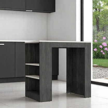 36" Gray and Black Faux Marble and Wood Kitchen Island With Storage