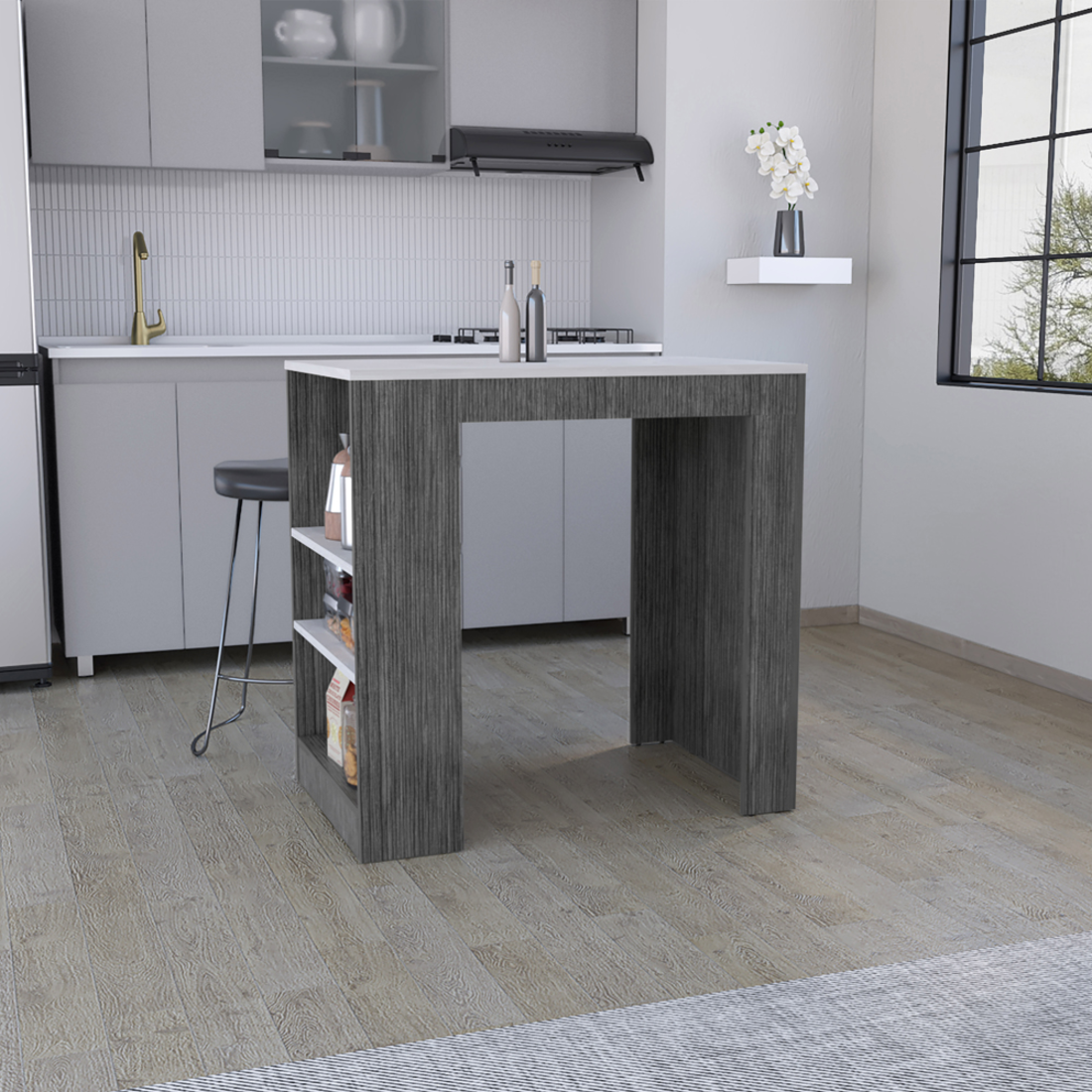 36" Gray and Black Faux Marble and Wood Kitchen Island With Storage