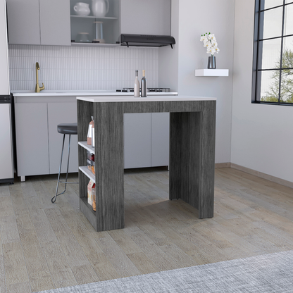 36" Gray and Black Faux Marble and Wood Kitchen Island With Storage