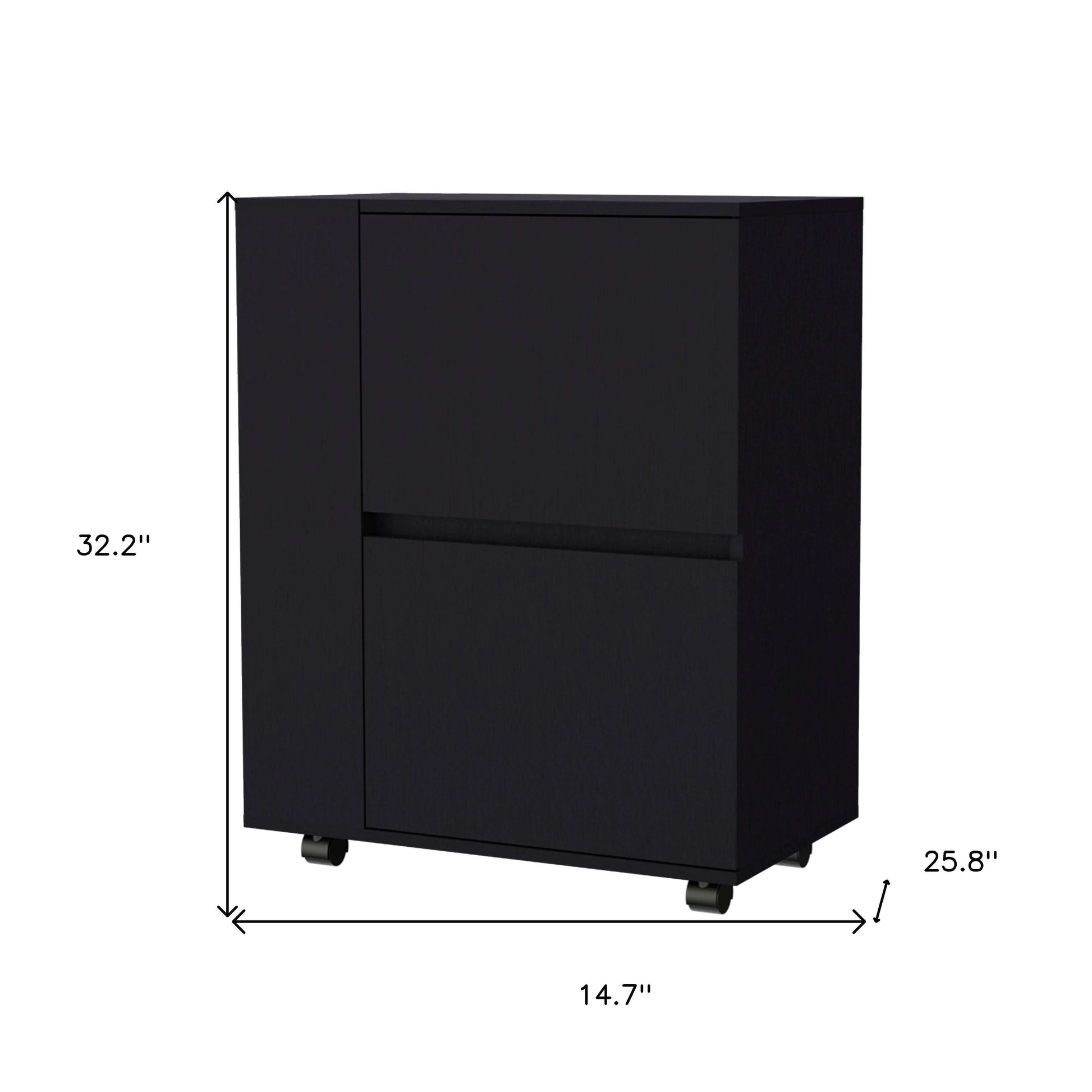 26" Black Wood Rolling Bar Cart with Storage Shelve
