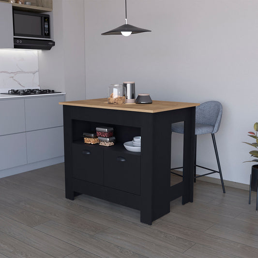 41" Natural and Black Wood Kitchen Island With Storage