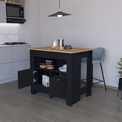 41" Natural and Black Wood Kitchen Island With Storage