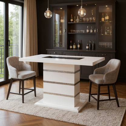 63" White Silver And Black Glass Faux Crystal And Wood Rectangular Bar Table