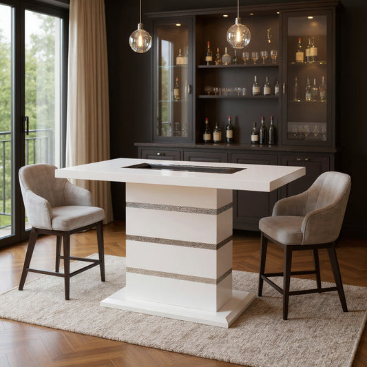 63" White Silver And Black Glass Faux Crystal And Wood Rectangular Bar Table
