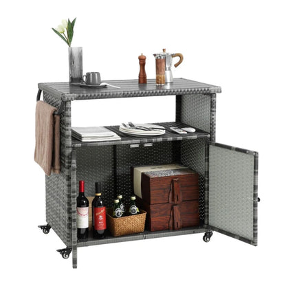 Aqua-Gray Outdoor Wicker Bar Cart